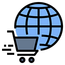 A shopping cart and globe icon representing worldwide e-commerce